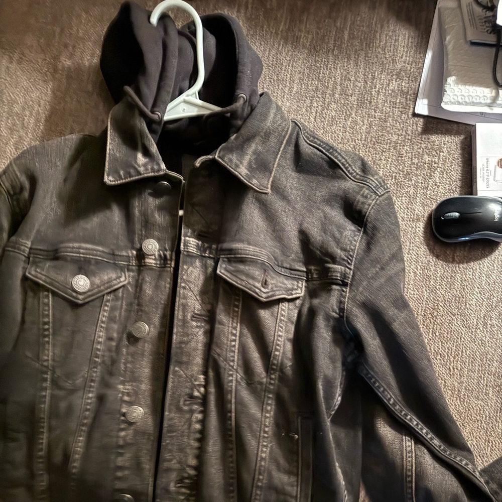 American Eagle black denim jacket with hood